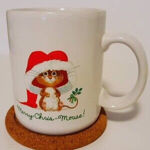 HALLMARK Vtg. 1983 Merry Chris Mouse, Happy Holly Days 12Oz MUG w/  Cork Coaster